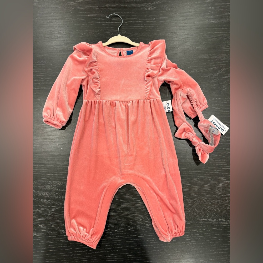 Velvet Long-Sleeve Ruffle-Trim Jumpsuit & Headband Set for Baby